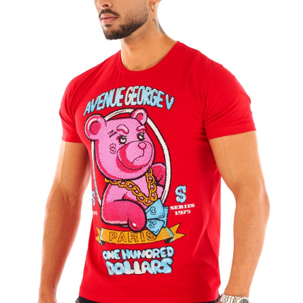 Avenue George V Paris Red T-Shirt Men's short sleeve Rhinestone Teddy Bear XL - Picture 2 of 5